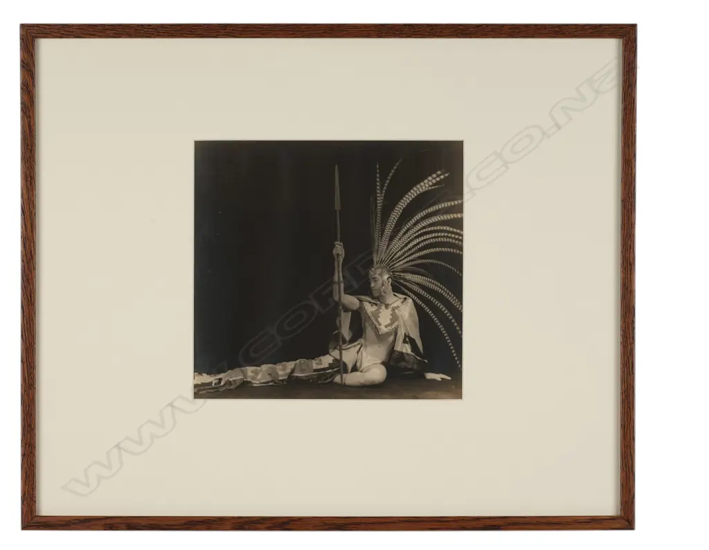 Unidentified photographer 'Male dancer in 'Aztec' costume with spear', USA c.1930, toned gelatin silver photographic pri Image 1++